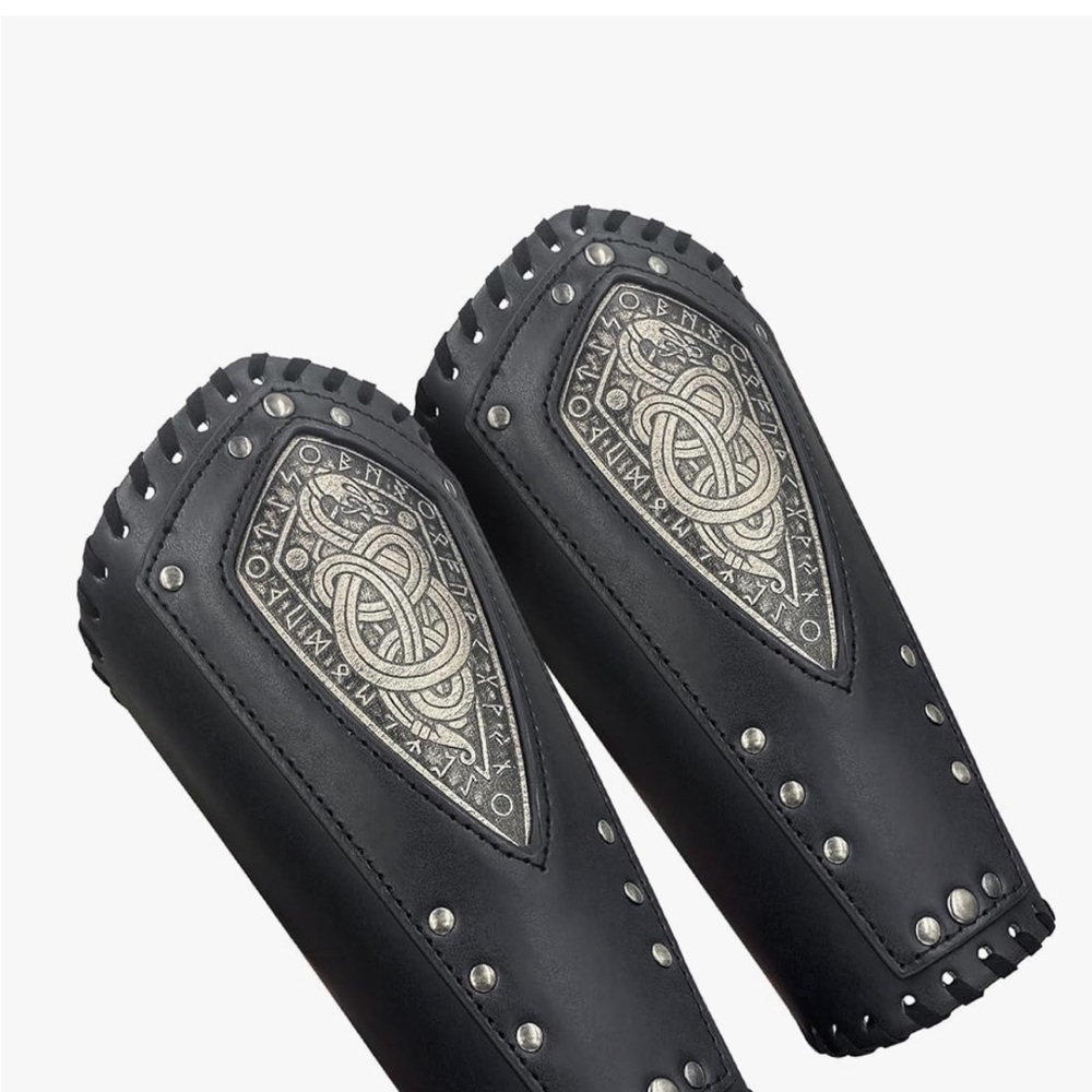 Viking Embossed Black Leather Faux Arm Guards with Silver Accents Arm Bracers - Picture 5 of 5